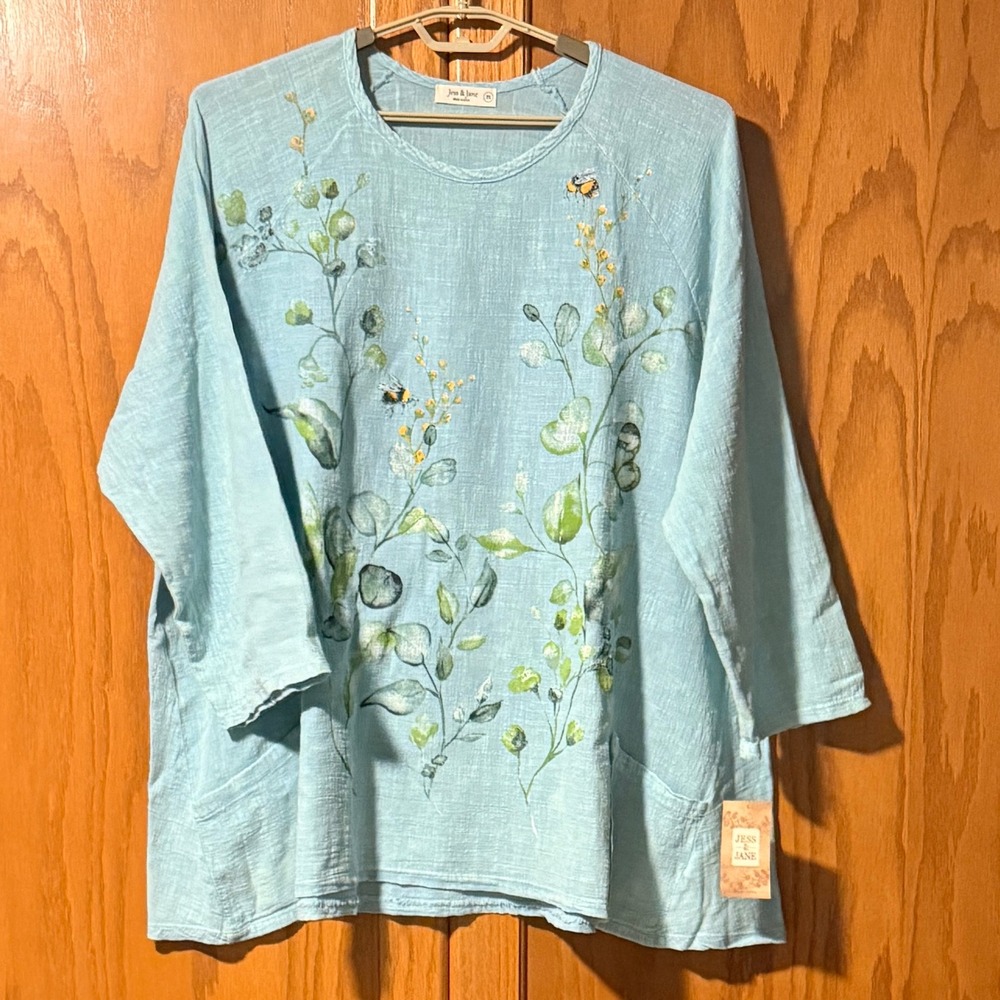 NEW Jess & Jane 3X Green 100% Cotton Gauze Floral Butterfly Pocket Tunic Top - Picture 2 of 12